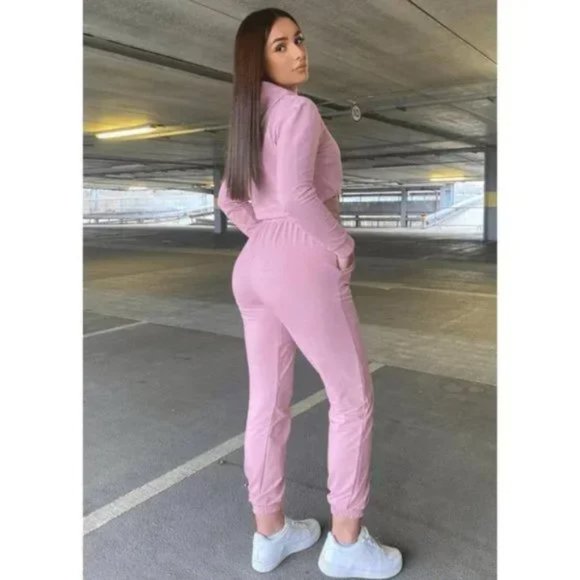 Pink Long Sleeve Hooded Crop Top and High Waist Joggers Pants Two Piece Set - Picture 12 of 17